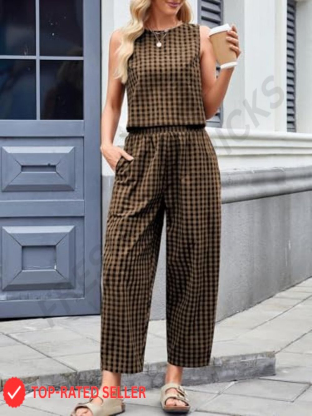 Cotton Linen Matching Set Tank Top Palazzo Pants Casual Lounge Outfit - Picture 4 of 7